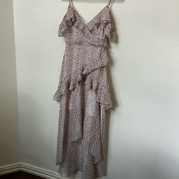 FLORET STUDIOS | Cold Shoulder Asymmetric Ruffle Dress In Rust-Cream | Size XS - Picture 2 of 10